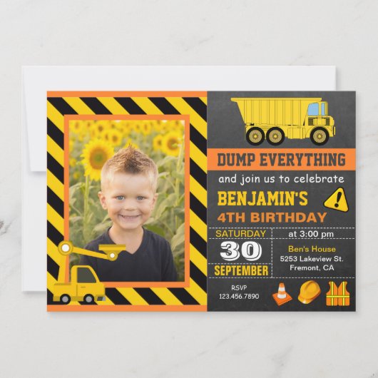 Truck Construction Birthday Party Photo Invitation Kaart (Voorkant)