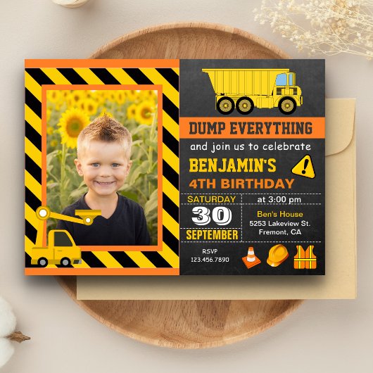 Truck Construction Birthday Party Photo Invitation Kaart