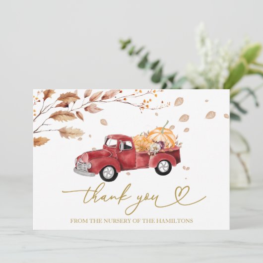  Truck Herfst Baby shower Dank u Kaart (Staand voorkant)