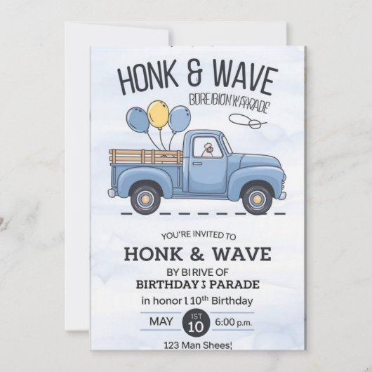  Truck Honk & Wave verjaardagsparade Invitati Kaart (Voorkant)