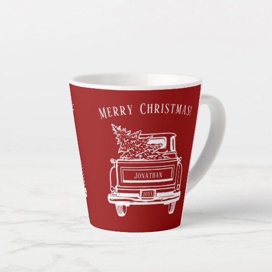  Truck Kerstboom Naam Rood Latte Mok (Rechterhoek)