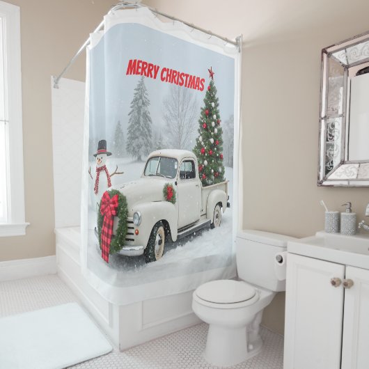  truck met kerstboom en sneeuwman douchegordijn