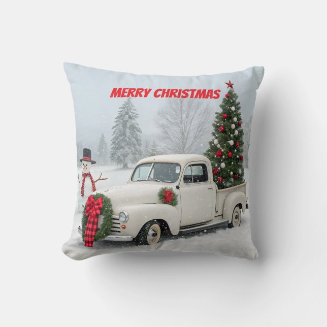  truck met kerstboom en sneeuwman kussen (Voorkant)