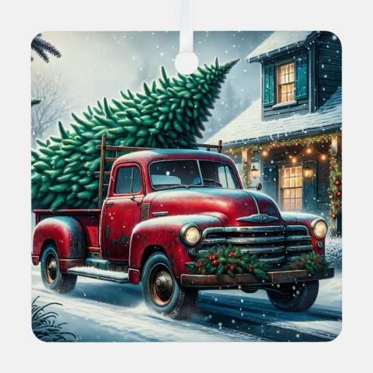 truck met kerstboom gepersonaliseerd metalen ornament (Voorkant)