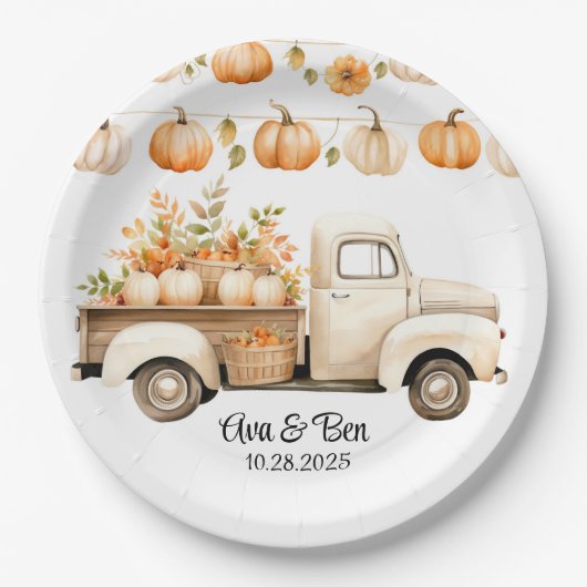 truck met pompoenen bruiloft papieren bordje (Voorkant)