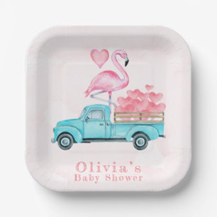  Truck Pink Flamingo Hearts Baby shower Papieren Bordje