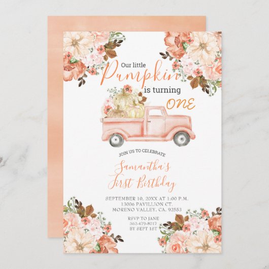 Truck Pink Peach Waterverf Herfst Pumpkin Invite Kaart (Voorkant / Achterkant)