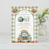 Truck Pompoen 1e Verjaardag Gingham Herfst Bloemen Kaart (Staand voorkant)