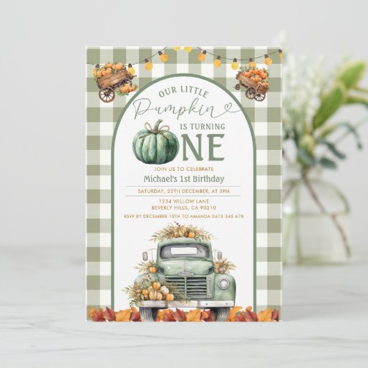 Truck Pompoen 1e Verjaardag Gingham Herfst Bloemen Kaart (Staand voorkant)