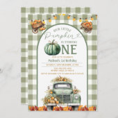 Truck Pompoen 1e Verjaardag Gingham Herfst Bloemen Kaart (Voorkant / Achterkant)