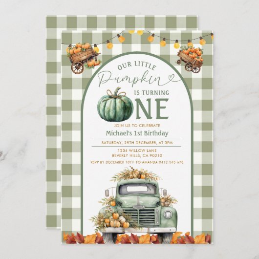 Truck Pompoen 1e Verjaardag Gingham Herfst Bloemen Kaart (Voorkant / Achterkant)