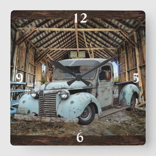 Truck Rustic wood Square Wall Clock Vierkante Klok (Voorkant)