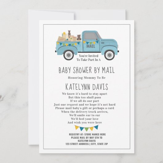 Truck Social Distance Blue Baby shower by Mail Kaart (Voorkant)