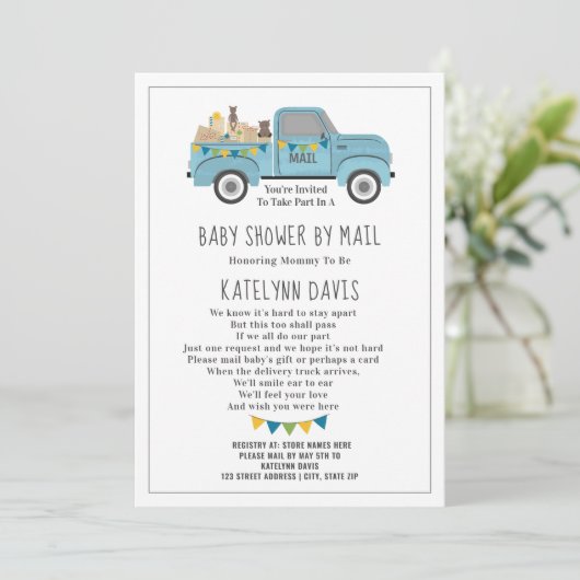 Truck Social Distance Blue Baby shower by Mail Kaart (Staand voorkant)