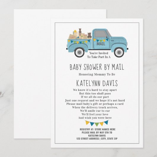 Truck Social Distance Blue Baby shower by Mail Kaart (Voorkant / Achterkant)