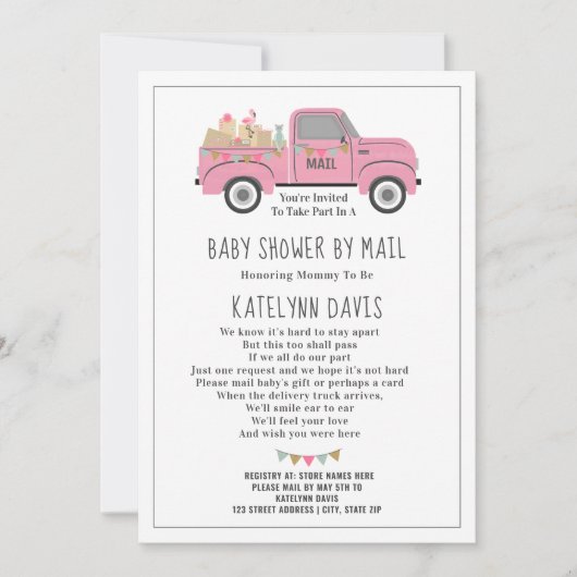 Truck Social Distancing Pink Baby shower by Mail Kaart (Voorkant)