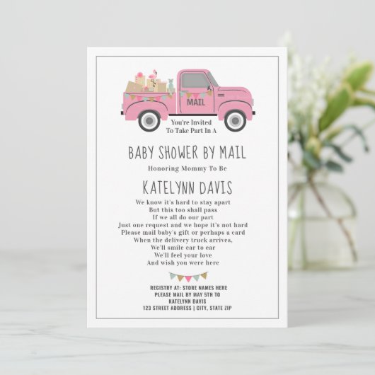 Truck Social Distancing Pink Baby shower by Mail Kaart (Staand voorkant)