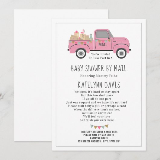 Truck Social Distancing Pink Baby shower by Mail Kaart (Voorkant / Achterkant)
