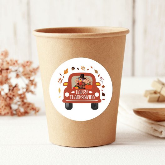 Truck Turkey Cute Happy Thanksgiving Ronde Sticker