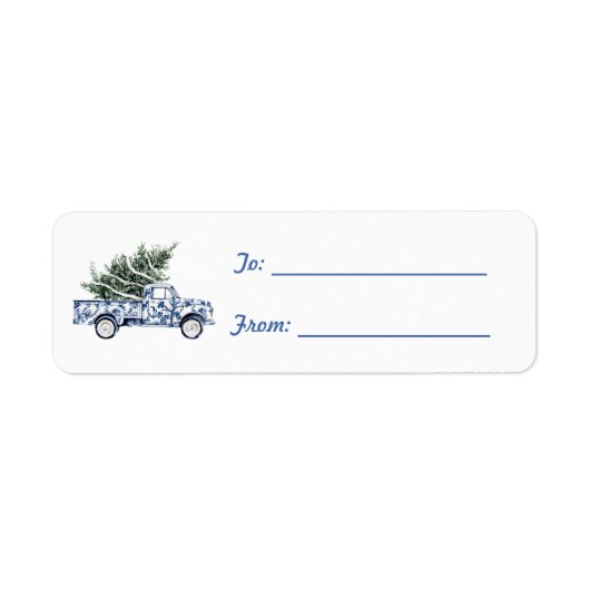 Truck Witte Blauwe Kerstboom Etiket (Voorkant)