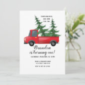 Truck Wood Red Pset First Birthday Uitnodiging (Staand voorkant)