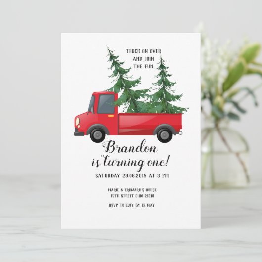 Truck Wood Red Pset First Birthday Uitnodiging (Staand voorkant)