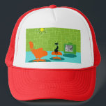 Trucker Hat van het Kat van de RuimteLeeftijd van  Trucker Pet<br><div class="desc">Er wordt gezegd dat honden eigenaars hebben en dat katten personeel hebben. De boer van deze Retro Space Age Kat Trucker Hat kon het niet meer eens worden! Het stijlvolle, minimalistische kunstontwerp uit de jaren zestig kenmerkt een strakke, zwarte kat in een moderne woonkamer uit de midden eeuw. De verfijnde...</div>