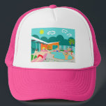 Trucker Hat van Retro Gay Pool Party Trucker Pet<br><div class="desc">Dit ontwerp van Retro Gay Pool Party Trucker Hat kenmerkt vier hongerig beefkoeken met een homoseksuele oude tijd omdat ze de Palm Springs-warmte verslaan door rond het turkooisblauw water van hun atoomboemerang gevormd zwembad te springen. De moderne architectuur van de middeleeuwse moderne architectuur op het prachtige, oranje stenen huis is...</div>