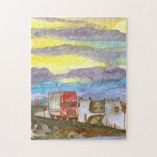 Trucker Semi Long Haul Truck Sunrise Legpuzzel