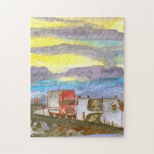 Trucker Semi Long Haul Truck Sunrise Legpuzzel (Verticaal)