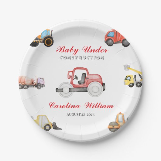 Trucks baby in aanbouw baby shower papieren bordje (Voorkant)