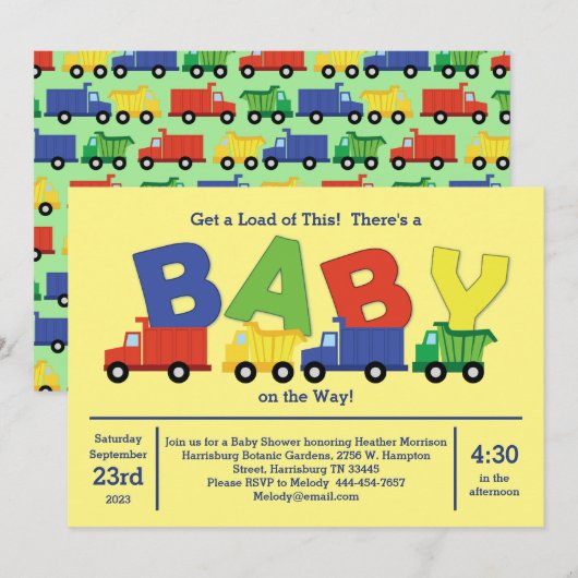 Trucks Baby shower Dump Truck Boy Kaart (Voorkant / Achterkant)