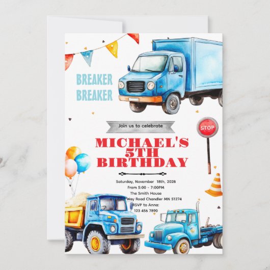 Trucks birthday party theme invitation kaart (Voorkant)