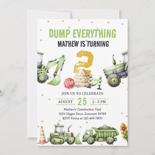 Trucks & Diggers Bouw 2e Verjaardag Party Kaart (Voorkant)