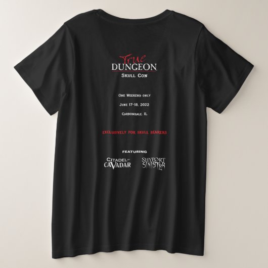 True Dungeon - Skull Con - dames zwarte scoop Grote Maat T-shirt (Design achterkant)