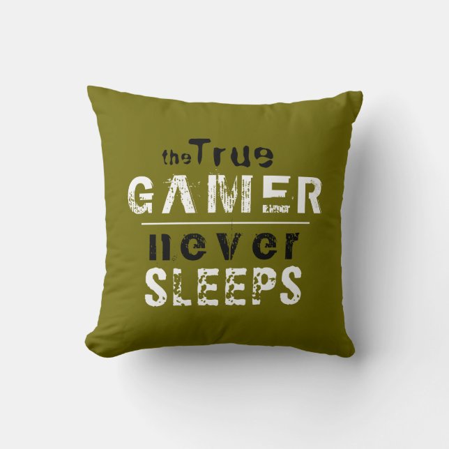 True Gamer slaapt nooit in een Typografische Gamer Kussen (Voorkant)