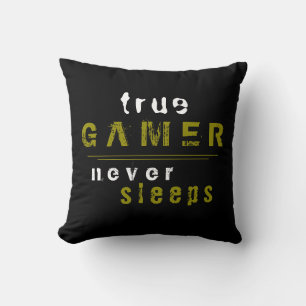 True Gamer slaapt nooit in zwarte Typografie-gamer Kussen