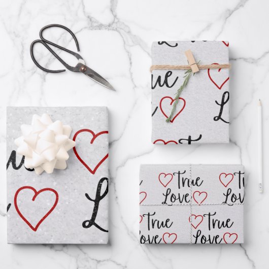 True Love Black Glitter Valentijns-pakpapier Inpakpapier Vel (Voorkant)