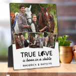 True Love Custom Paardenliefhebber 4 Foto Fotoplaat<br><div class="desc">Op zoek naar een cool paardenliefhebberscadeau, een unieke en stijlvolle fotocollage plaquette perfect voor paardenliefhebbers en paardenliefhebbers. Dit unieke stuk bevat de zin "True Love is Born in a Stable" naast een stijlvolle fotocollage voor u om uw favoriete paardenfoto's toe te voegen. Gemaakt met een chique en modern design in...</div>