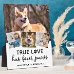 True Love Hondenliefhebber Personalized 4 Photo Co Fotoplaat<br><div class="desc">True Love heeft vier poten. Viel je beste vriend op met een aangepaste unieke foto-collage plak en keepomwille. Verrassend je favoriete hondenliefhebber, of het nu een verjaardag, Moederdag, Valentijnsdag of Kerstmis is met dit schattige afbeelding van liefdesfoto's. Deze True Love with paw print design dog foto plaque is het perfecte...</div>