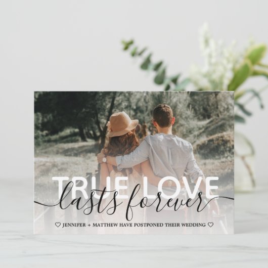 True Love Postponed Wedding Typography Aankondiging (Staand voorkant)