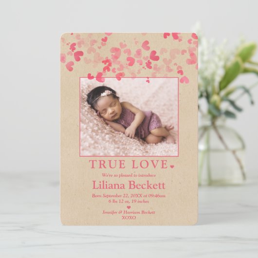 "True Love" Valentijn Foto geboorteaankondiging Aankondiging (Staand voorkant)