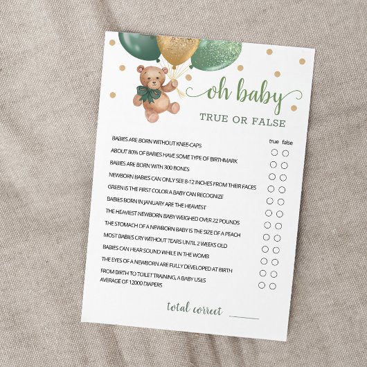 True of False Feiten Baby Shower Feestspelkaart Kaart