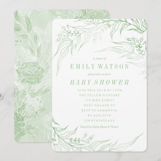 True Romance Green Floral Lijst Baby shower Kaart (Voorkant / Achterkant)