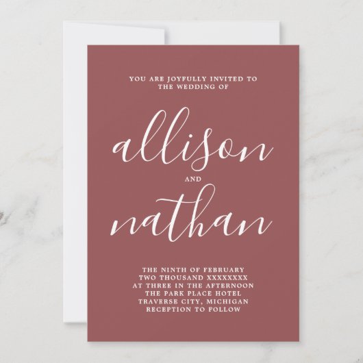 True Simplicity 1 Script Marsala Minimal Wedding Kaart (Voorkant)