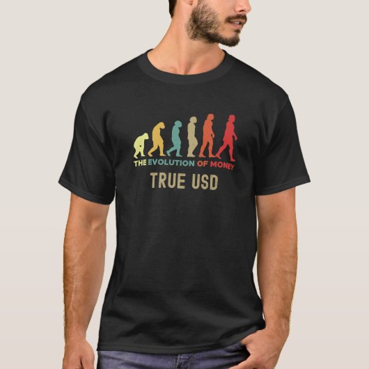 True USD Crypto De Evolutie van Geld Holbewoner Pr T-shirt (Voorkant)