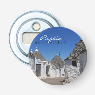 Trulli-huizen in Alberobello, Puglia tekst Button Flesopener