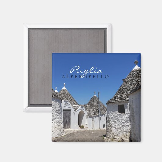 Trulli huizen in Alberobello, Puglia tekst magneet (Voorkant / Achterkant)
