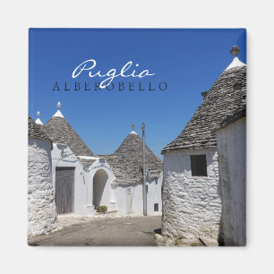 Trulli-huizen in Alberobello, Puglia text magnet