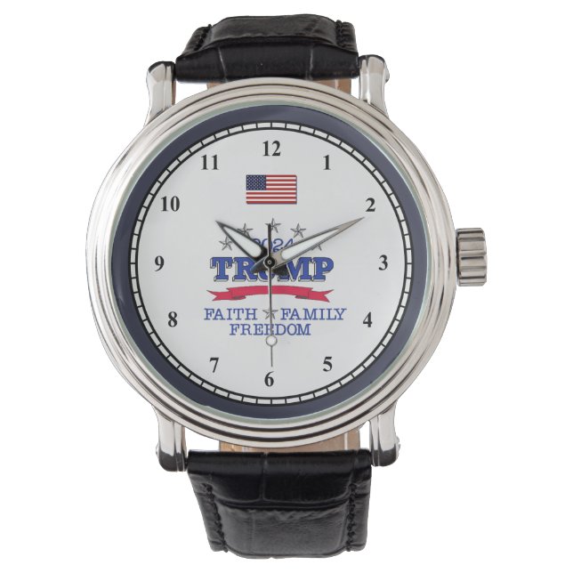 Trump 2024 Faith Family Freedom Horloge (Voorkant)